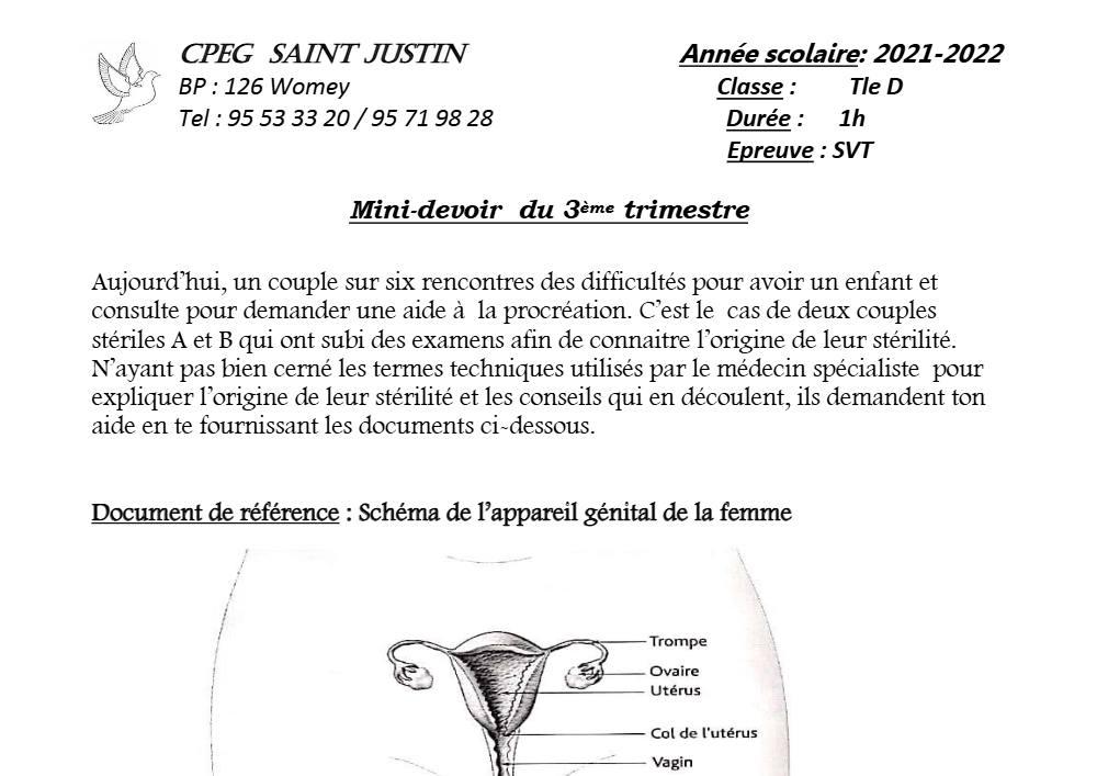 Aperçu de la première page — SVT Tle D Mini Devoir Trimestre 3 CPEG Saint Justin (Womey) 2021 2022