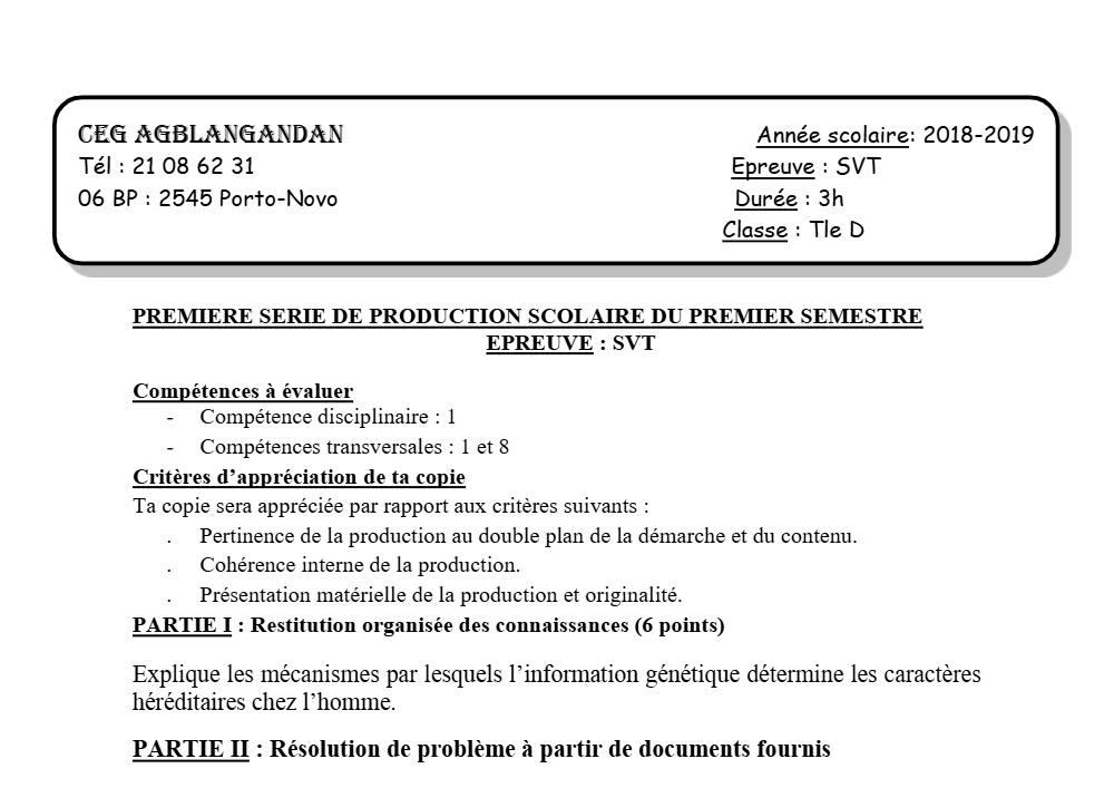 Aperçu de la première page — SVT Tle D Production Scolaire 1 Semestre 1 2018 2019