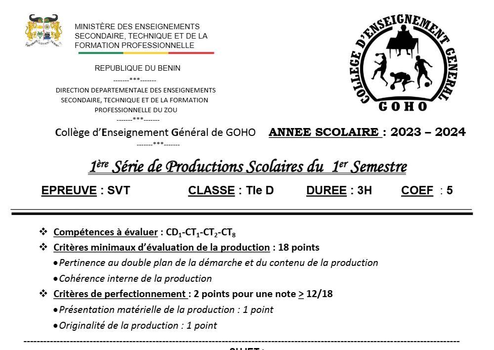 Aperçu de la première page — SVT Tle D Production Scolaire 1 Semestre 1 CEG Goho (Abomey) 2023 2024