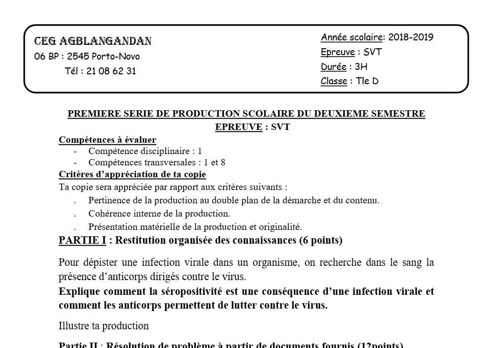 Aperçu de la première page — SVT Tle D Production Scolaire 1 Semestre 2 2018 2019