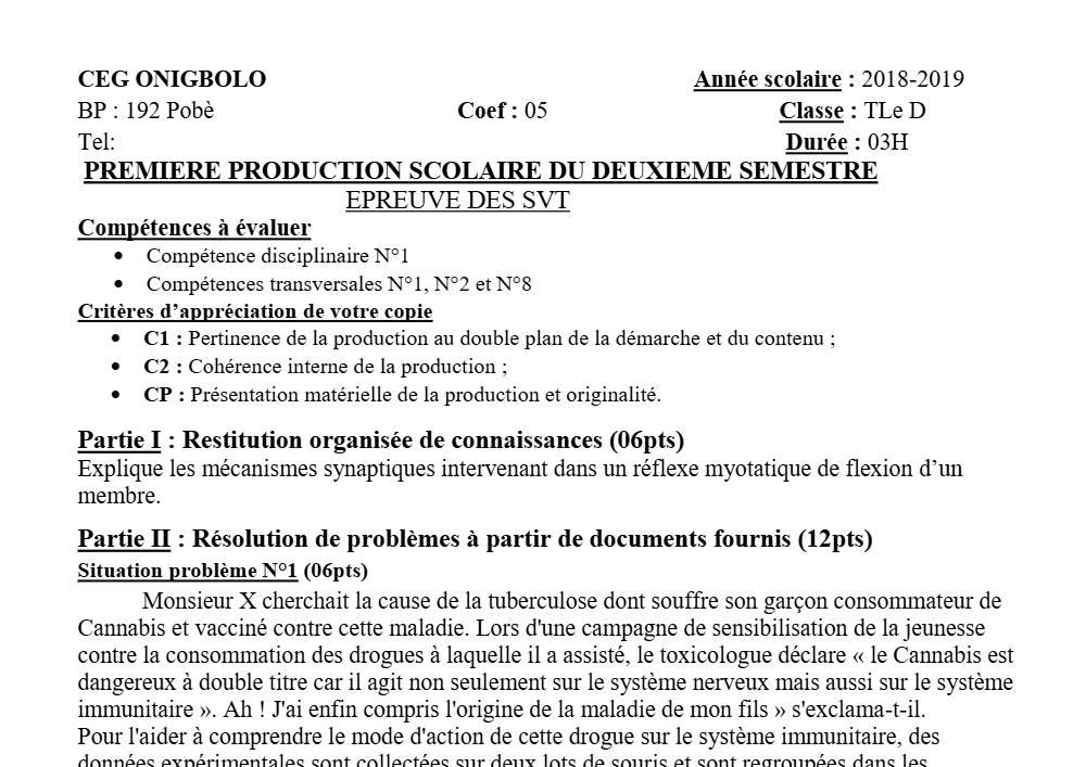 Aperçu de la première page — SVT Tle D Production Scolaire 1 Semestre 2 CEG Onigbolo (Pobè) 2018 2019