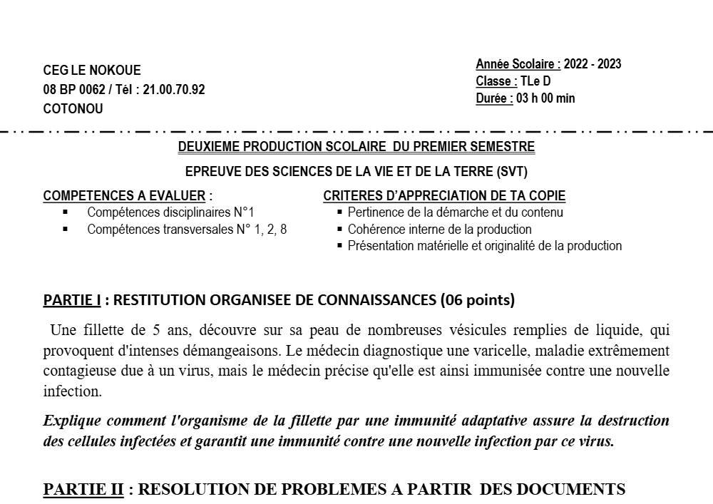 Aperçu de la première page — SVT Tle D Production Scolaire 2 Semestre 1 CEG Le Nokoué (Cotonou) 2022 2023