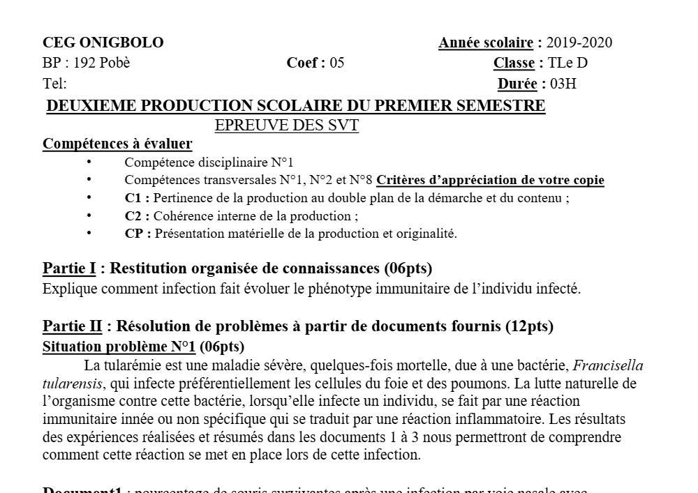 Aperçu de la première page — SVT Tle D Production Scolaire 2 Semestre 1 CEG Onigbolo (Pobè) 2019 2020