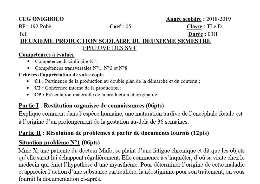 Aperçu de la première page — SVT Tle D Production Scolaire 2 Semestre 2 CEG Onigbolo (Pobè) 2018 2019