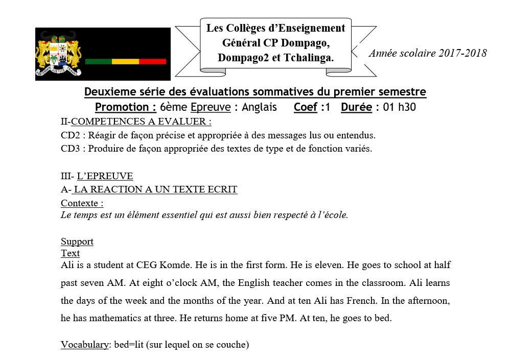 Aperçu de la première page — 6eme - 2ème Devoir du 1er semestre - Anglais Dompago