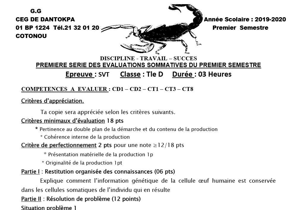 Aperçu de la première page — SVT Tle D Évaluation 1 Semestre 1 2019 2020