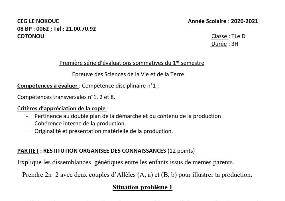 Aperçu de la première page — SVT Tle D Évaluation 1 Semestre 1 CEG Le Nokoué (Cotonou) 2020 2021