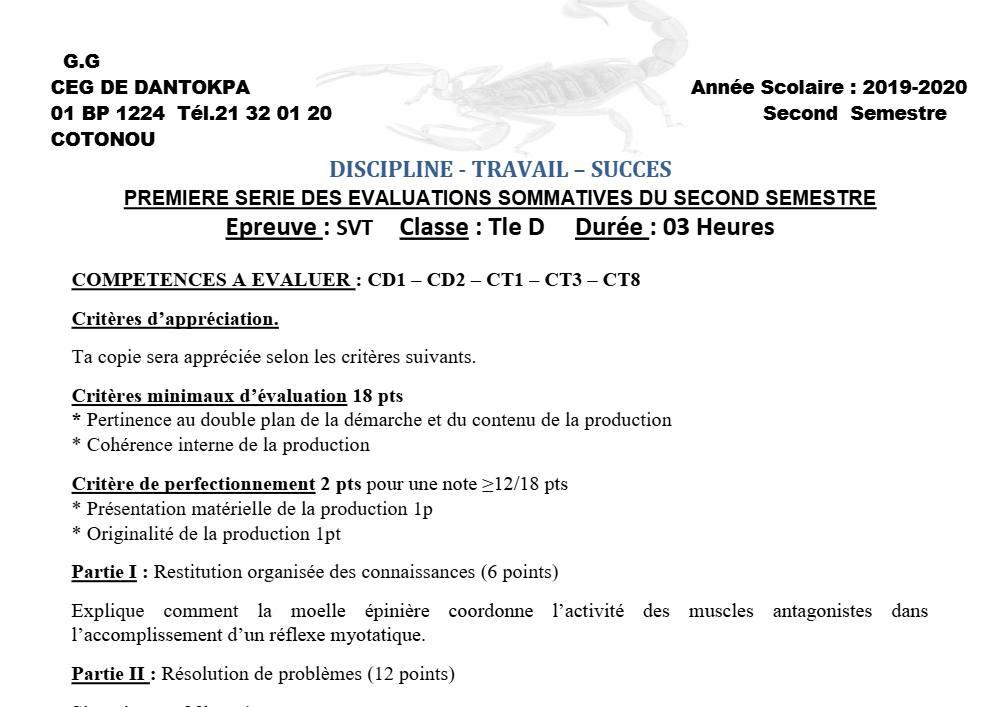Aperçu de la première page — SVT Tle D Évaluation 1 Semestre 2 2019 2020