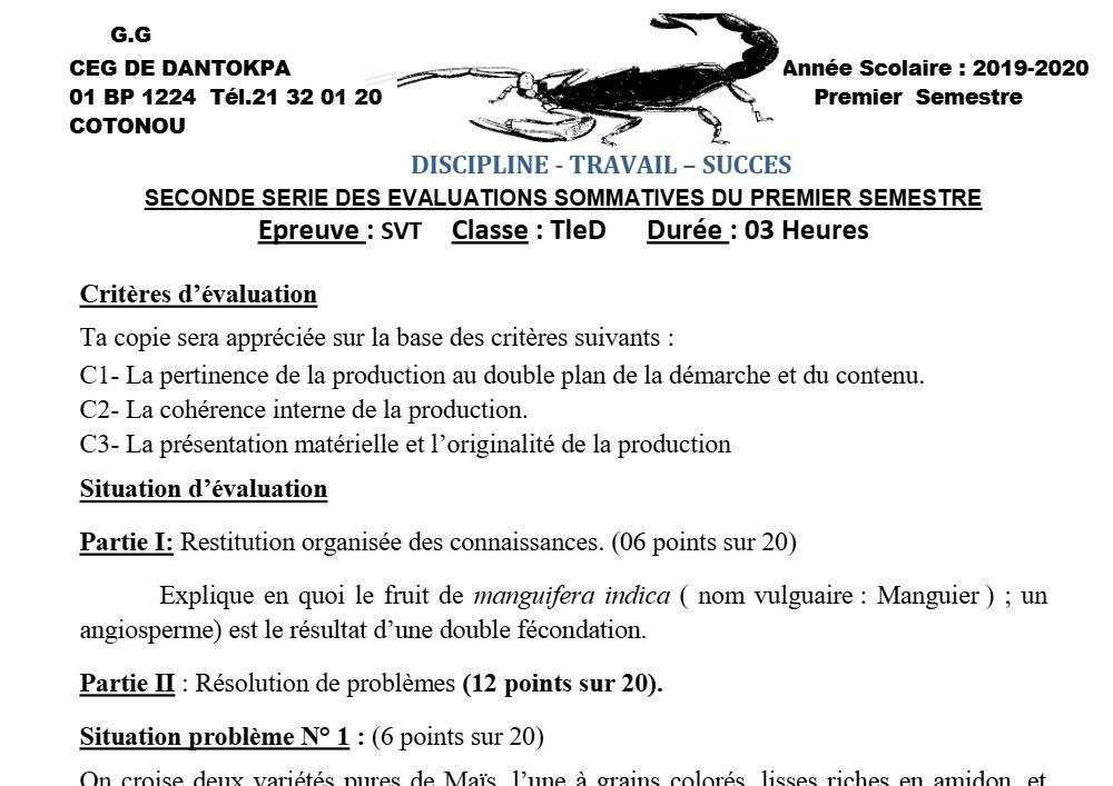 Aperçu de la première page — SVT Tle D Évaluation 2 Semestre 1 2019 2020