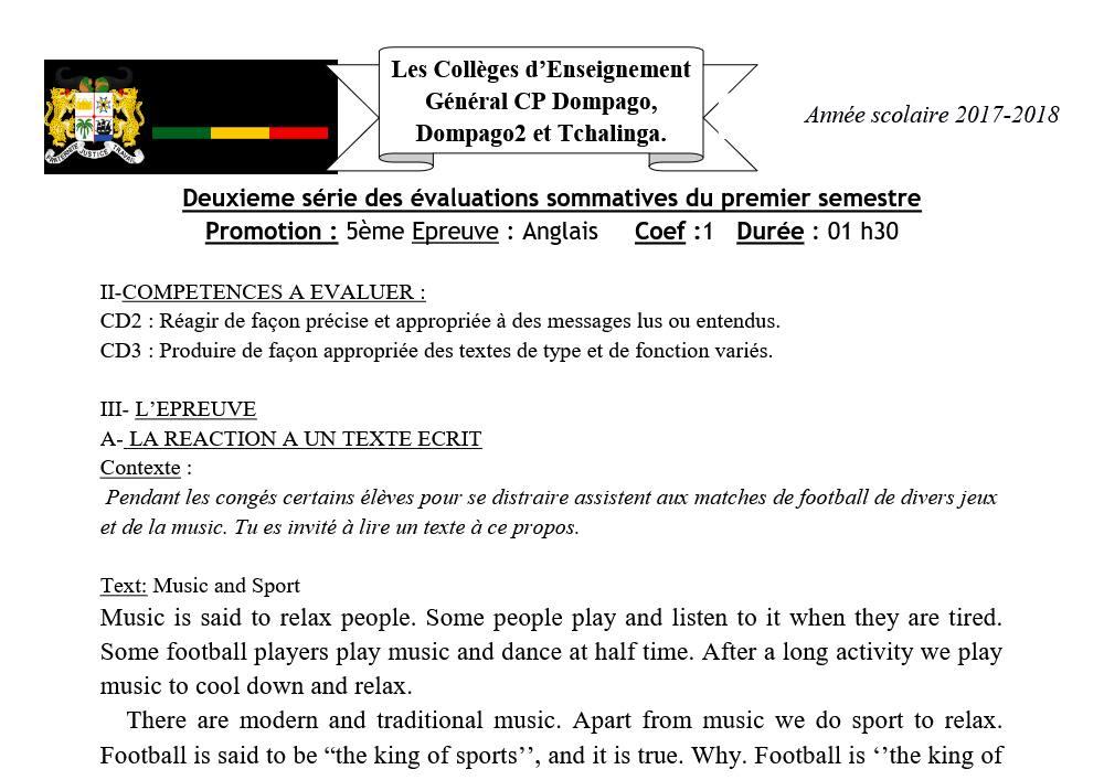 Aperçu de la première page — 5eme - 2eme devoir du 1er semestre - Anglais Dompago
