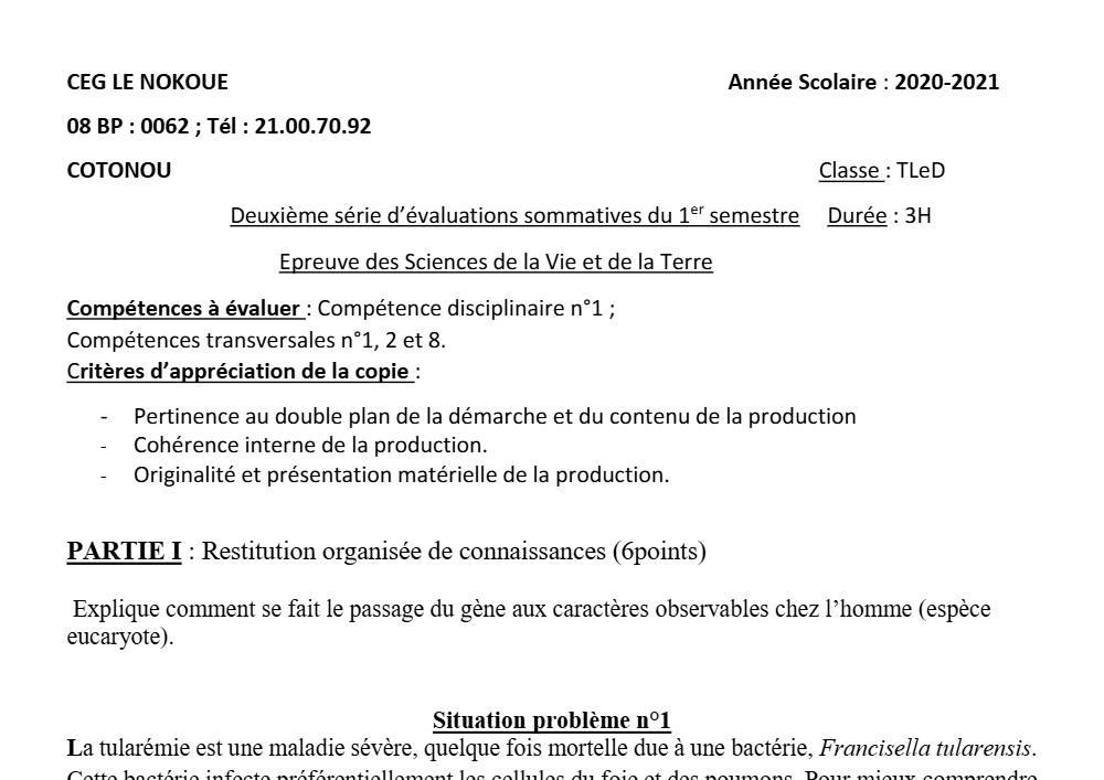 Aperçu de la première page — SVT Tle D Évaluation 2 Semestre 1 CEG Le Nokoué (Cotonou) 2020 2021