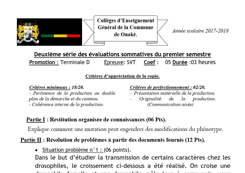 Aperçu de la première page — SVT Tle D Évaluation Communale 2 Semestre 1 Communes de Ouaké 2017 2018