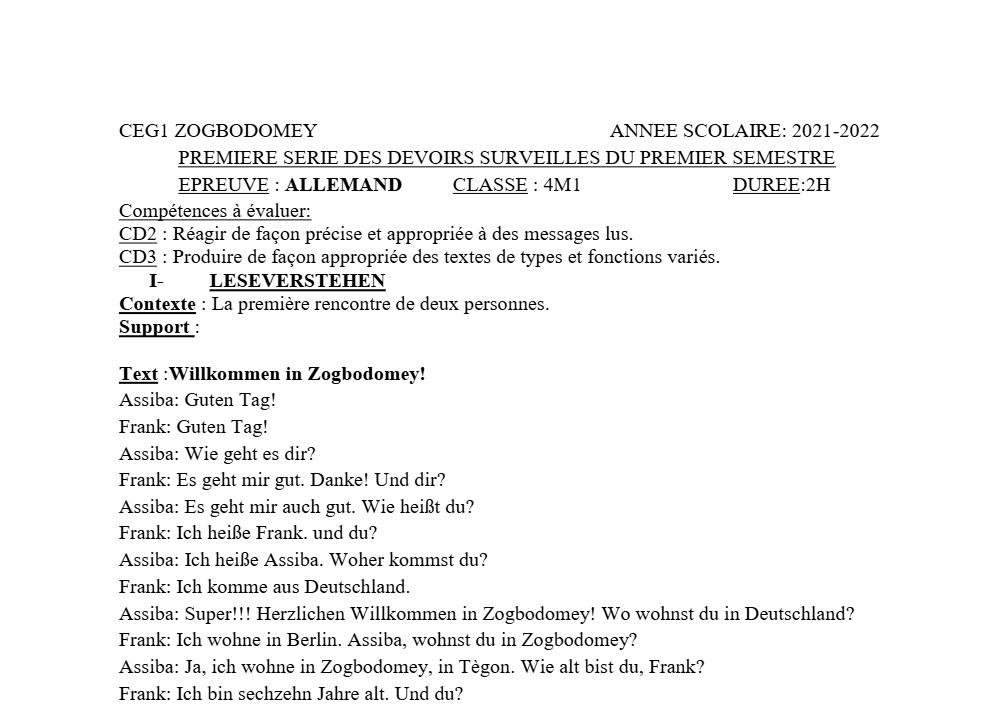 Aperçu de la première page — Allemand 4e Devoir 1 Semestre 1 CEG1 Zogbodomey (Zogbodomey) 2021 2022