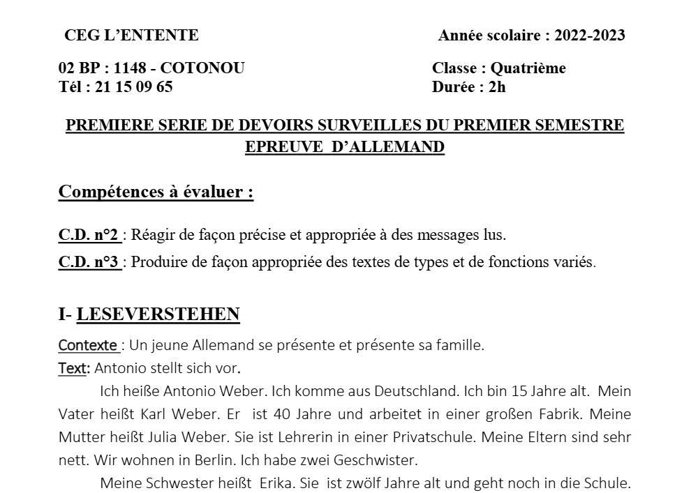 Aperçu de la première page — Allemand Compilation Devoir 1 Semestre 1 CEG L'Entente (Cotonou) 2022 2023
