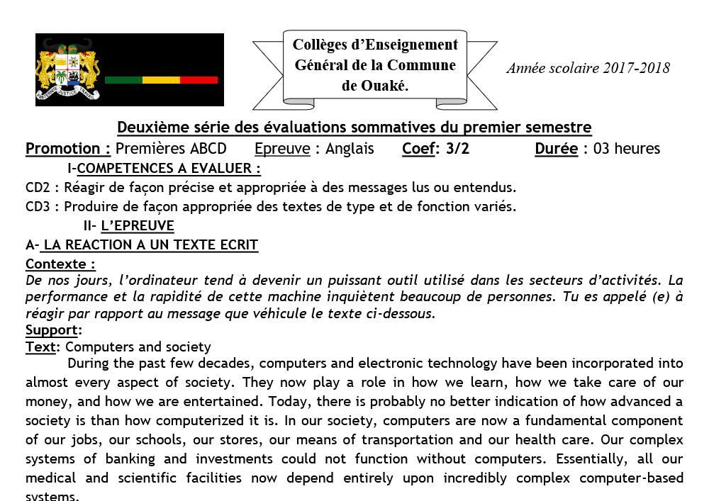 Aperçu de la première page — 1ere A&B&D - 2ème Devoir du 1er semestre - Anglais Dompago