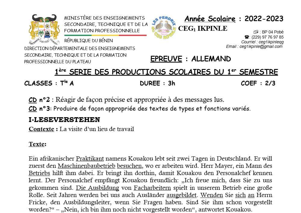 Aperçu de la première page — Allemand Compilation Devoir Surveillé (Novembre 2022) CEG1 Ikpinlè (Pobè) 2022 2023
