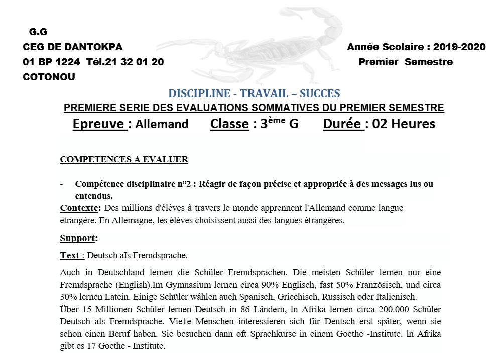 Aperçu de la première page — Allemand Compilation Évaluation 1 Semestre 1 CEG Dantokpa (Cotonou) 2019 2020
