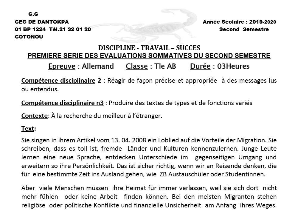 Aperçu de la première page — Allemand Compilation Évaluation 1 Semestre 2 CEG Dantokpa (Cotonou) 2019 2020
