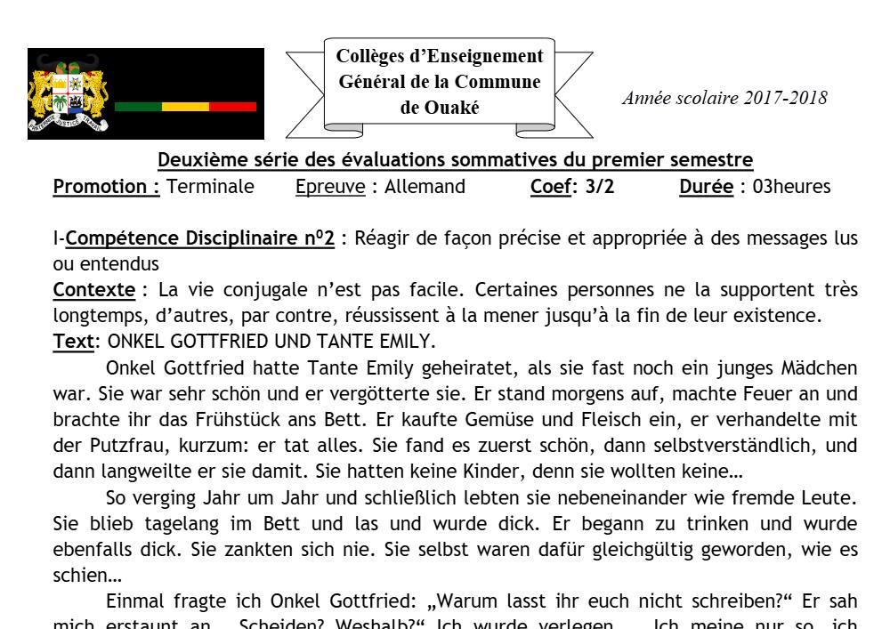 Aperçu de la première page — Allemand Terminale Évaluation Communale 2 Semestre 1 Communes de Ouaké 2017 2018