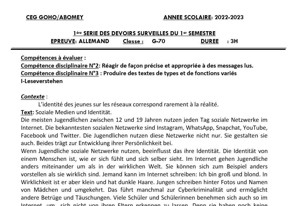 Aperçu de la première page — Allemand Tle A Devoir 1 Semestre 1 CEG Goho (Abomey) 2022 2023