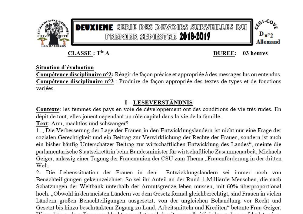 Aperçu de la première page — Allemand Tle A Devoir Surveillé (Janvier 2019) 2018 2019