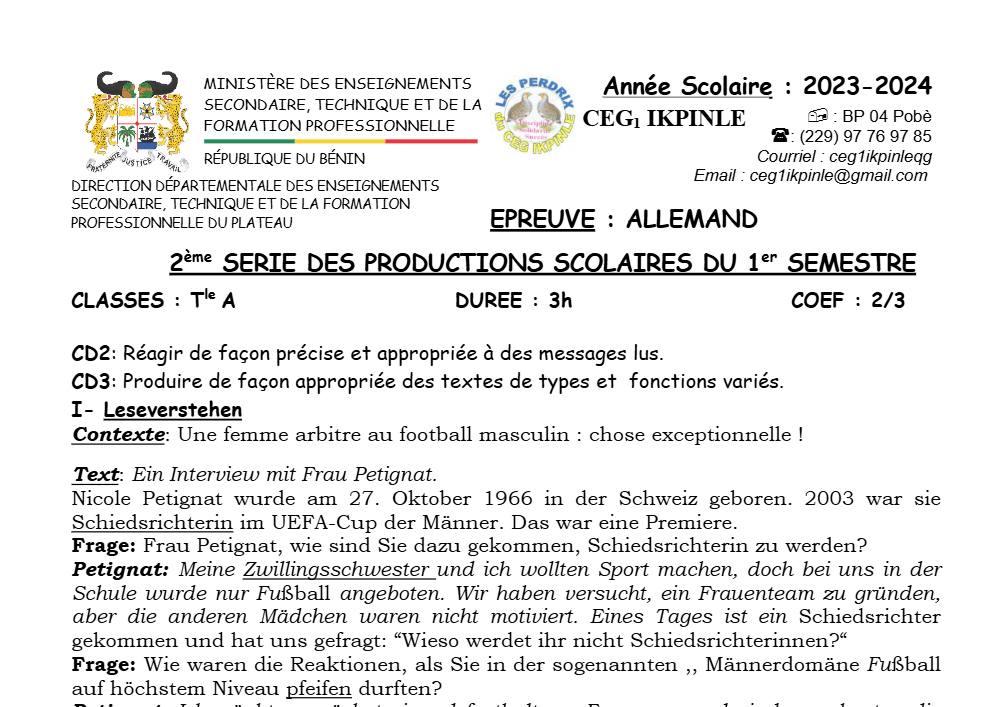 Aperçu de la première page — Allemand Tle A Devoir Surveillé (Janvier 2024) CEG1 Ikpinlè (Pobè) 2023 2024