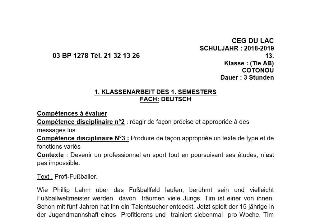 Aperçu de la première page — Allemand Tle A B Devoir 1 Semestre 1 CEG du Lac (Cotonou) 2018 2019