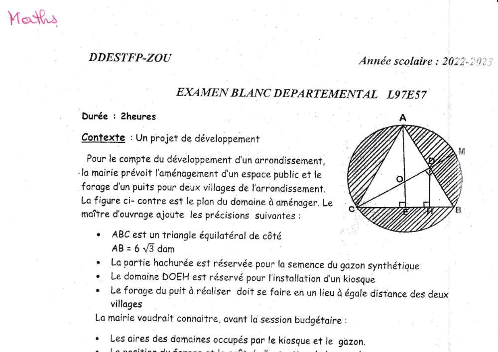 Aperçu de la première page — Examen blanc départemental Zou 3ème Maths