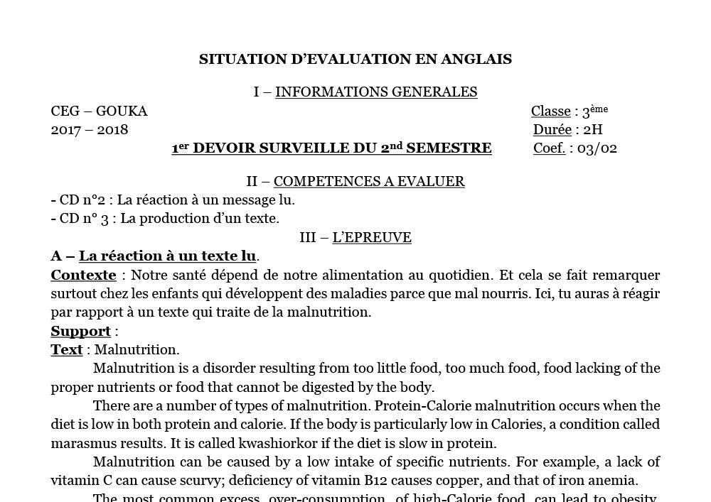 Aperçu de la première page — 3eme - 1er devoir du 2eme Semestre - Anglais Gouka