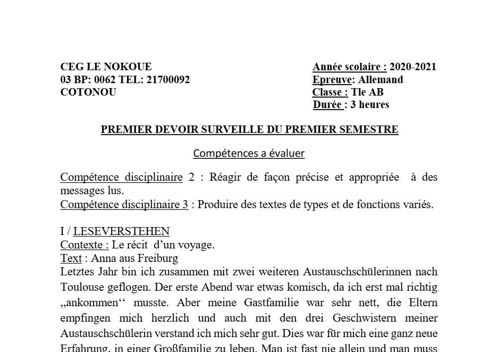 Aperçu de la première page — Allemand Tle A B Devoir 1 Semestre 1 CEG Le Nokoué (Cotonou) 2020 2021 (2)