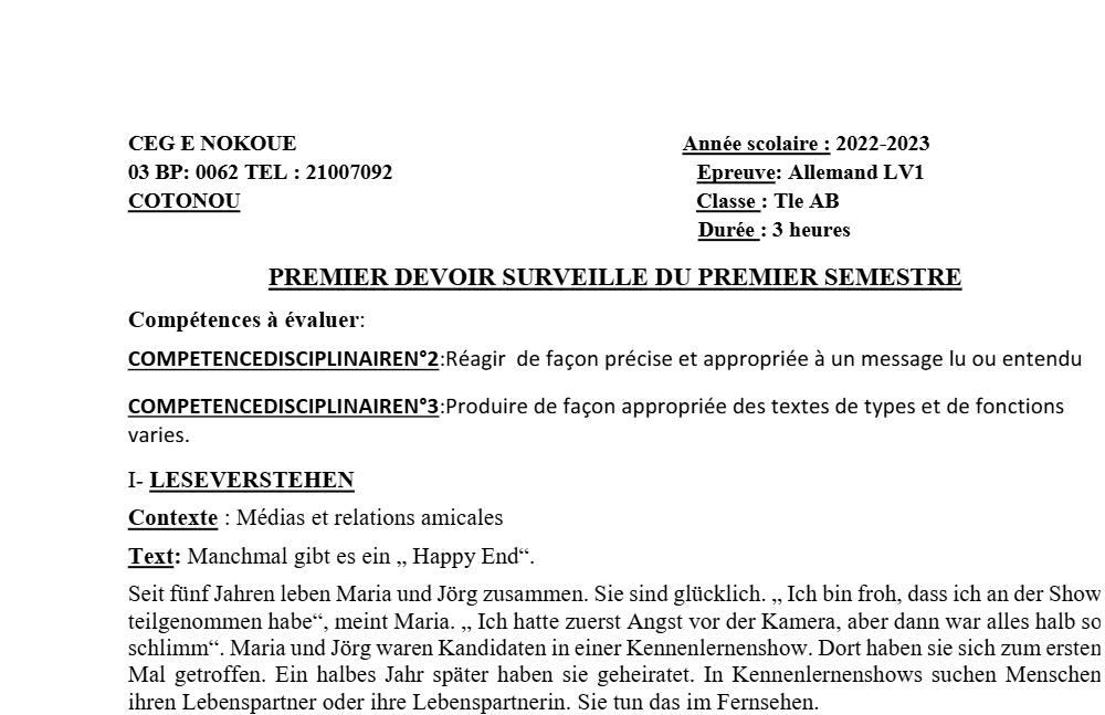 Aperçu de la première page — Allemand Tle A B Devoir 1 Semestre 1 CEG Le Nokoué (Cotonou) 2022 2023