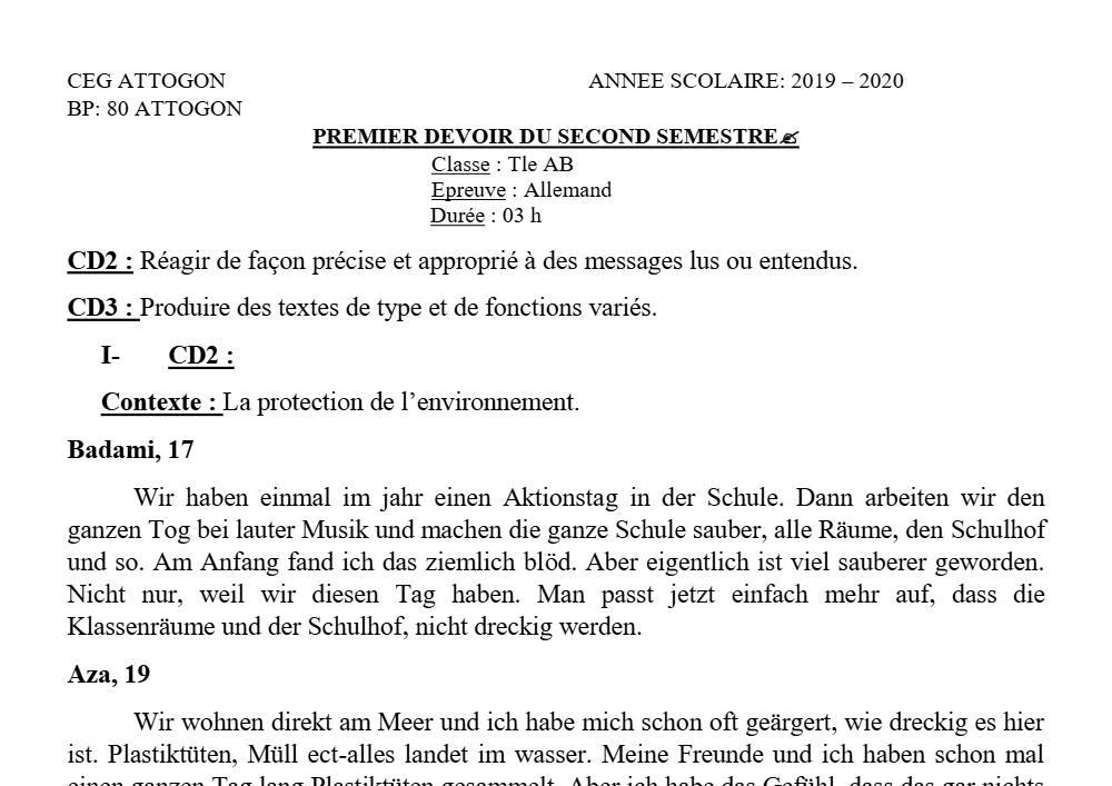 Aperçu de la première page — Allemand Tle A B Devoir 1 Semestre 2 CEG Attogon (Attogon) 2019 2020