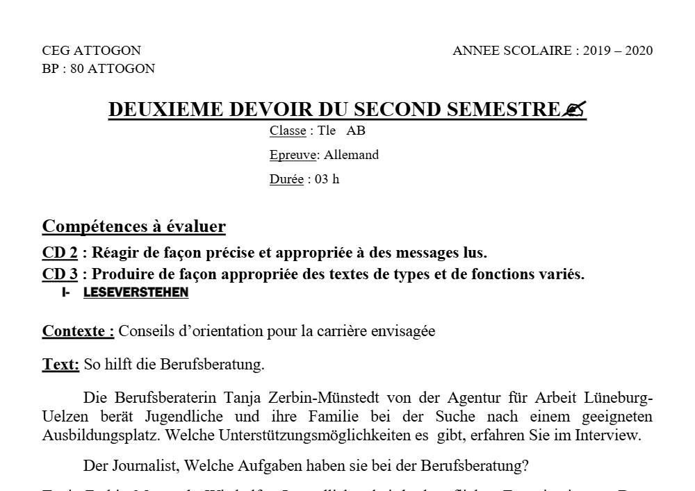Aperçu de la première page — Allemand Tle A B Devoir 2 Semestre 2 CEG Attogon (Attogon) 2019 2020