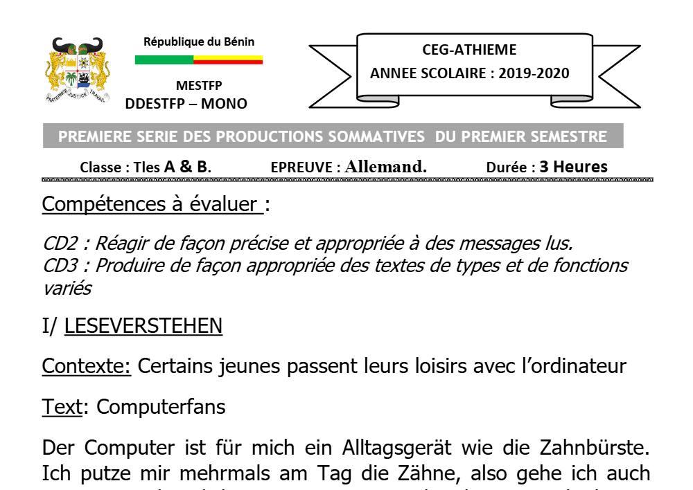 Aperçu de la première page — Allemand Tle A B Devoir Surveillé (Décembre 2019) 2019 2020