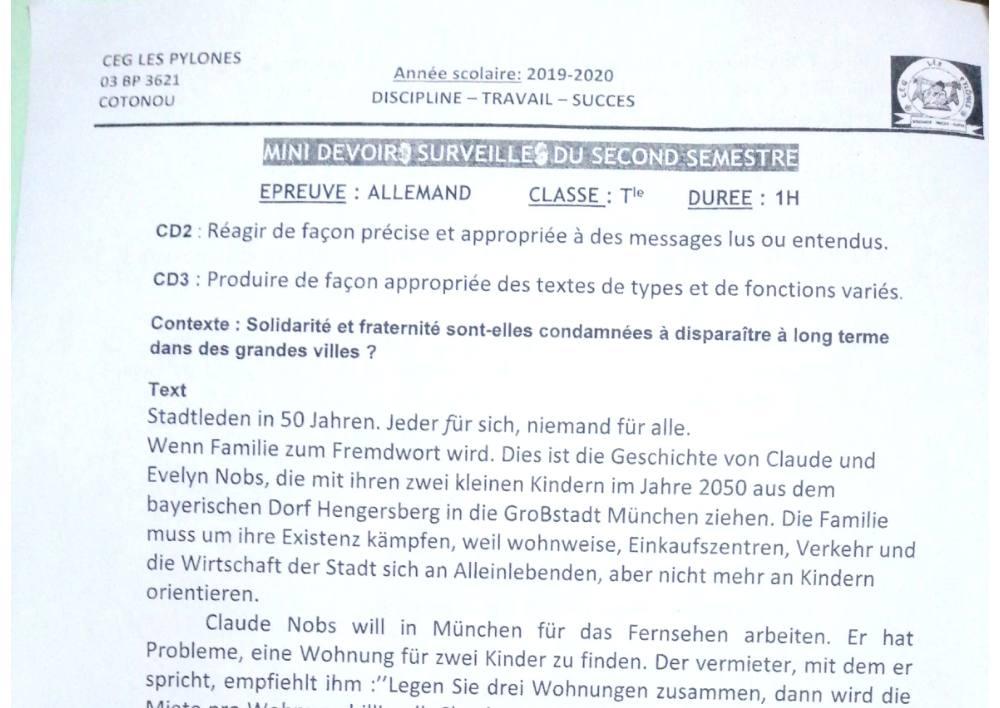 Aperçu de la première page — Allemand Tle A B Devoir Surveillé (Mai 2020) 2019 2020
