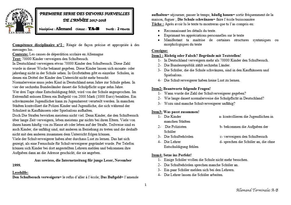Aperçu de la première page — Allemand Tle A B Devoir Surveillé (Novembre 2017) 2017 2018