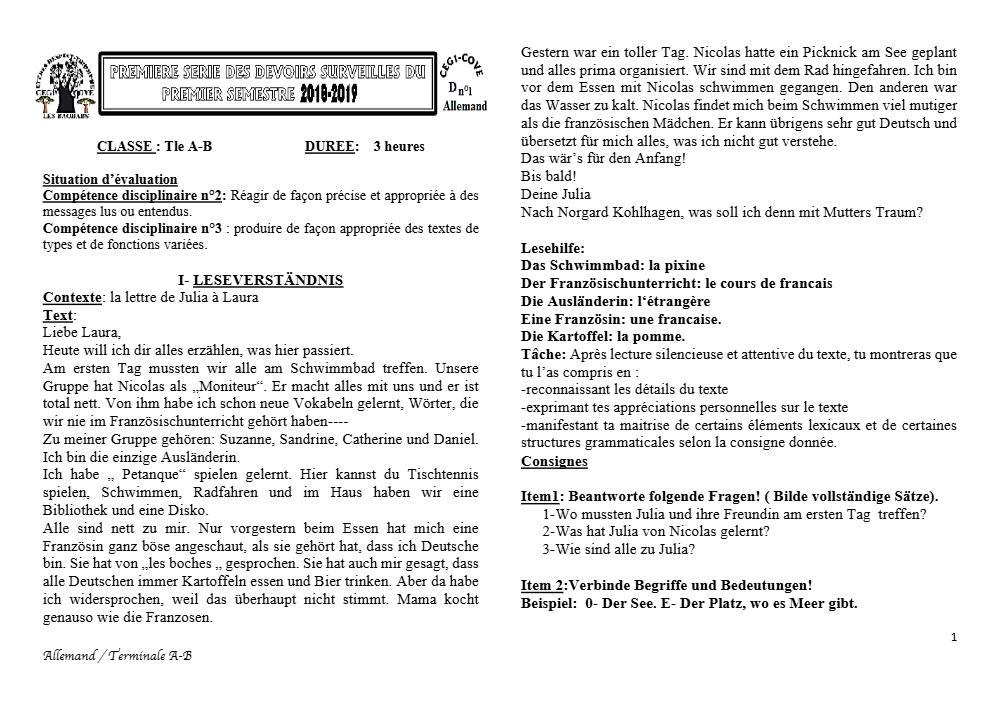 Aperçu de la première page — Allemand Tle A B Devoir Surveillé (Novembre 2018) 2018 2019
