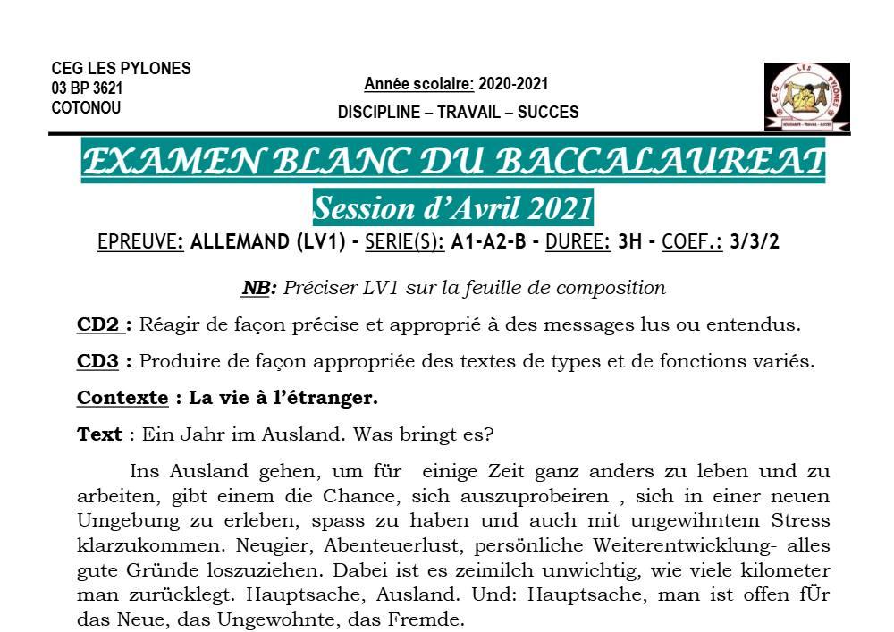 Aperçu de la première page — Allemand Tle A B Examen Blanc Bac LV1 2020 2021