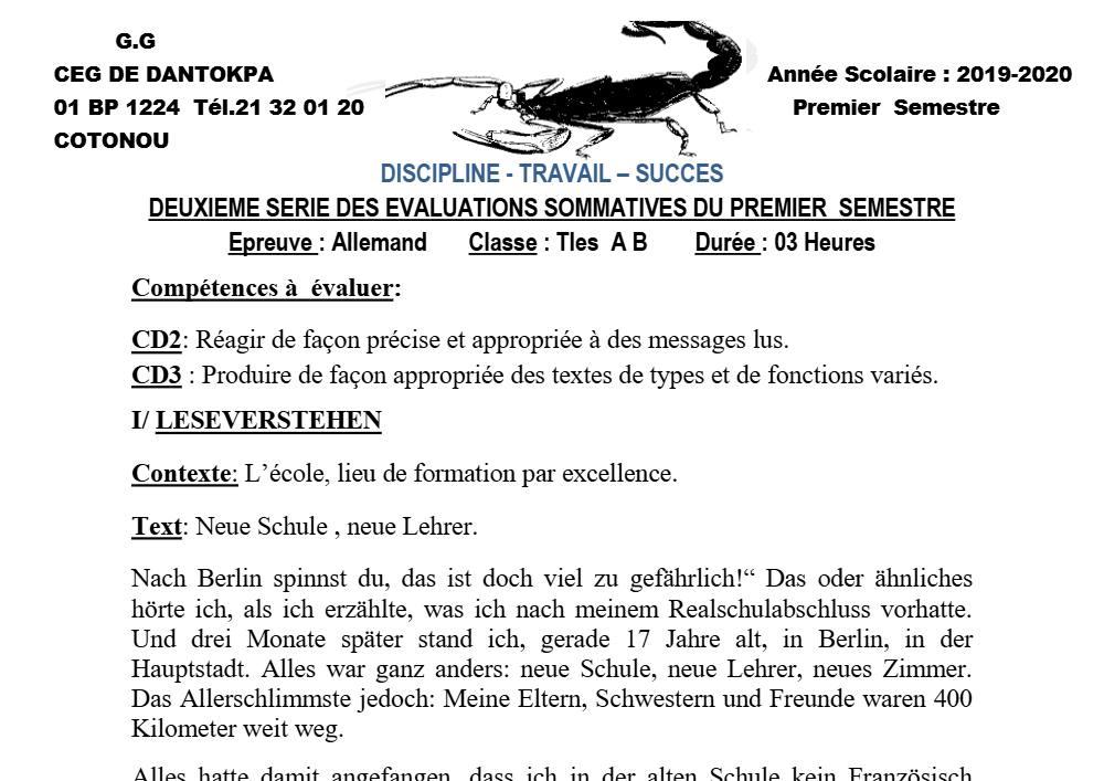 Aperçu de la première page — Allemand Tle A B Évaluation 2 Semestre 1 CEG Dantokpa (Cotonou) 2019 2020
