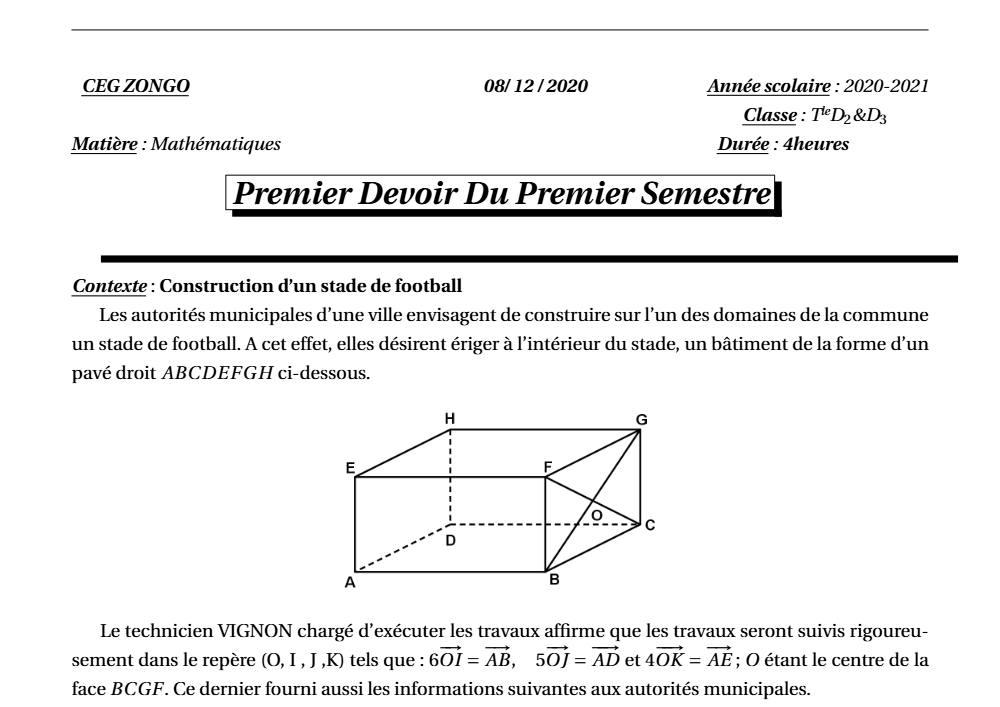 Aperçu de la première page — Mathématiques Compilation Devoir 1 Semestre 1 CEG Zongo (Parakou) 2020 2021
