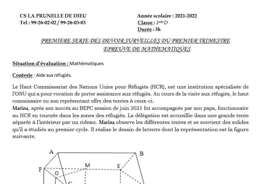 Aperçu de la première page — Mathématiques Compilation Devoir 1 Trimestre 1 CS La Prunelle de Dieu 2021 2022