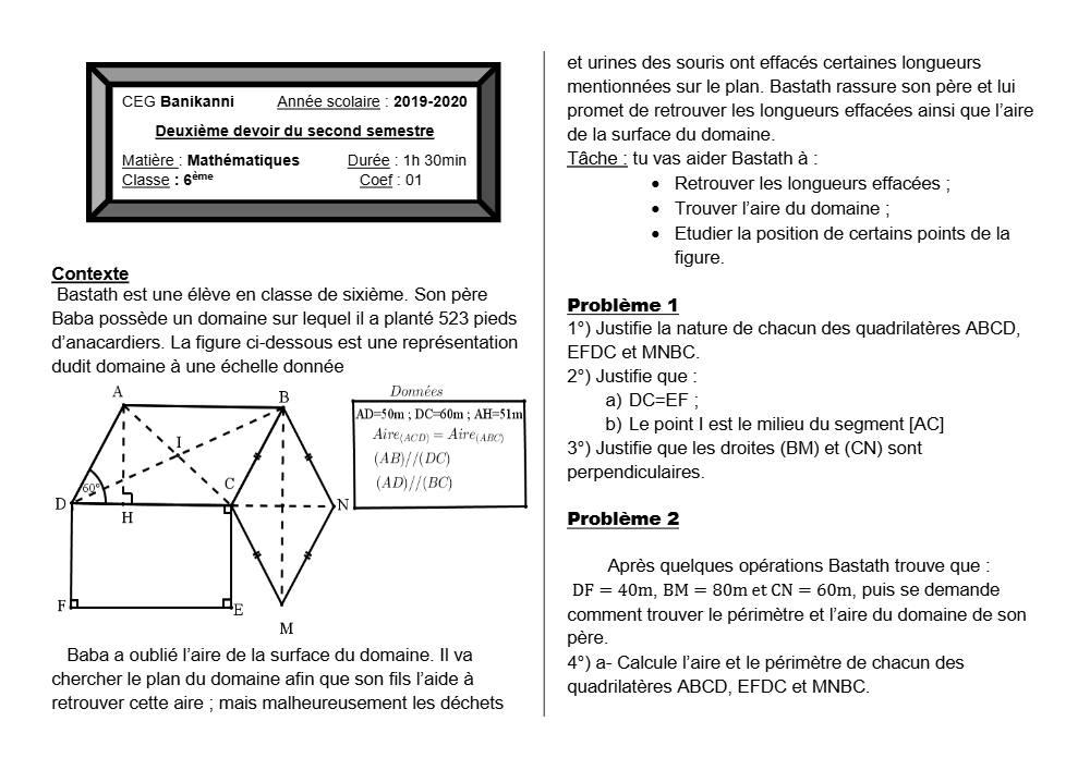 Aperçu de la première page — Mathématiques Compilation Devoir Surveillé (Juin 2020) CEG Banikanni (Parakou) 2019 2020