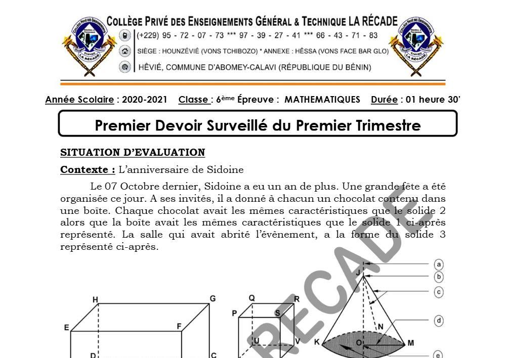 Aperçu de la première page — Mathématiques Compilation Devoir Surveillé (Novembre 2020) 2020 2021