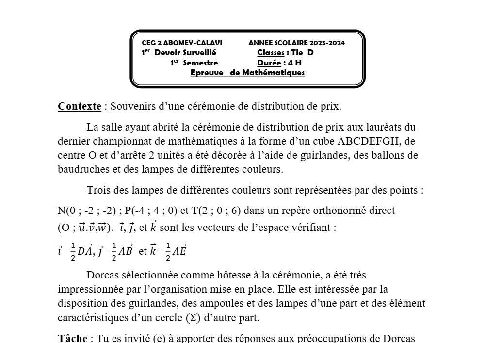 Aperçu de la première page — Mathématiques Tle D Devoir 1 Semestre 1 CEG 2 Abomey Calavi (Abomey Calavi) 2023 2024