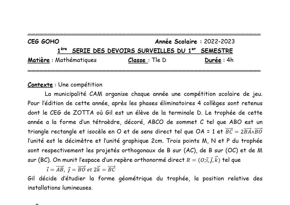 Aperçu de la première page — Mathématiques Tle D Devoir 1 Semestre 1 CEG Goho (Abomey) 2022 2023