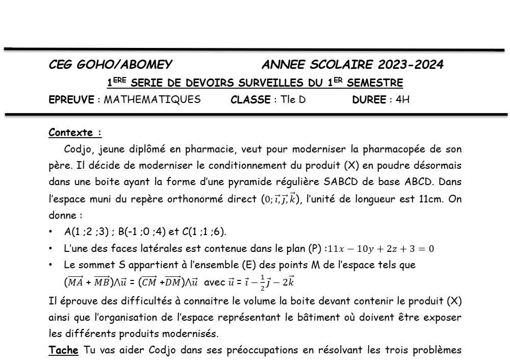 Aperçu de la première page — Mathématiques Tle D Devoir 1 Semestre 1 CEG Goho (Abomey) 2023 2024