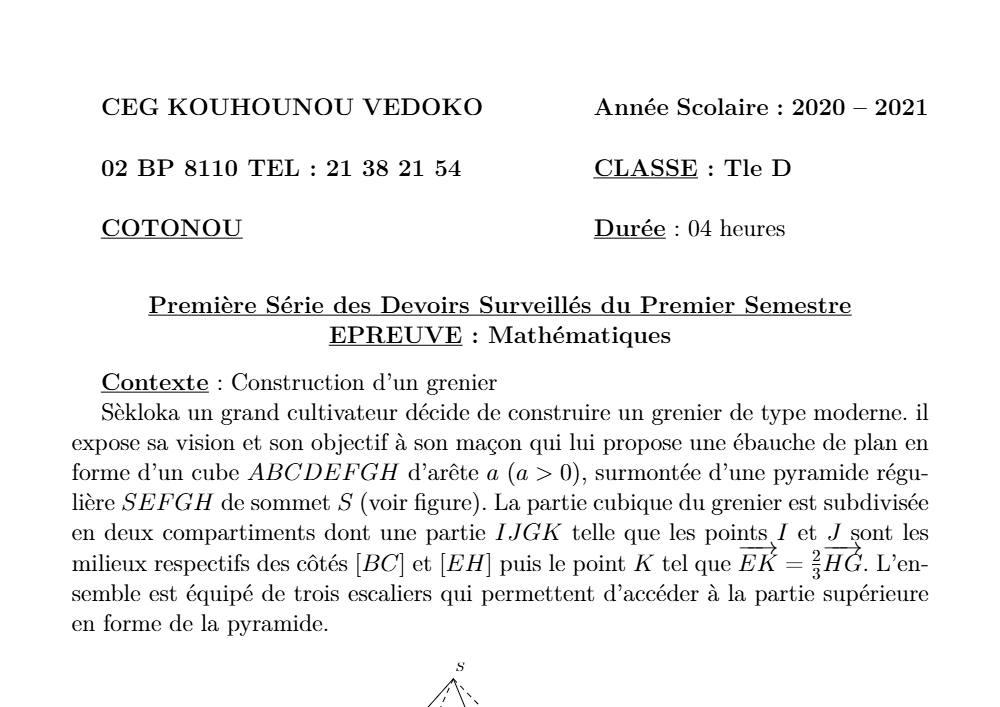 Aperçu de la première page — Mathématiques Tle D Devoir 1 Semestre 1 CEG Kouhounou Védoko (Cotonou) 2020 2021
