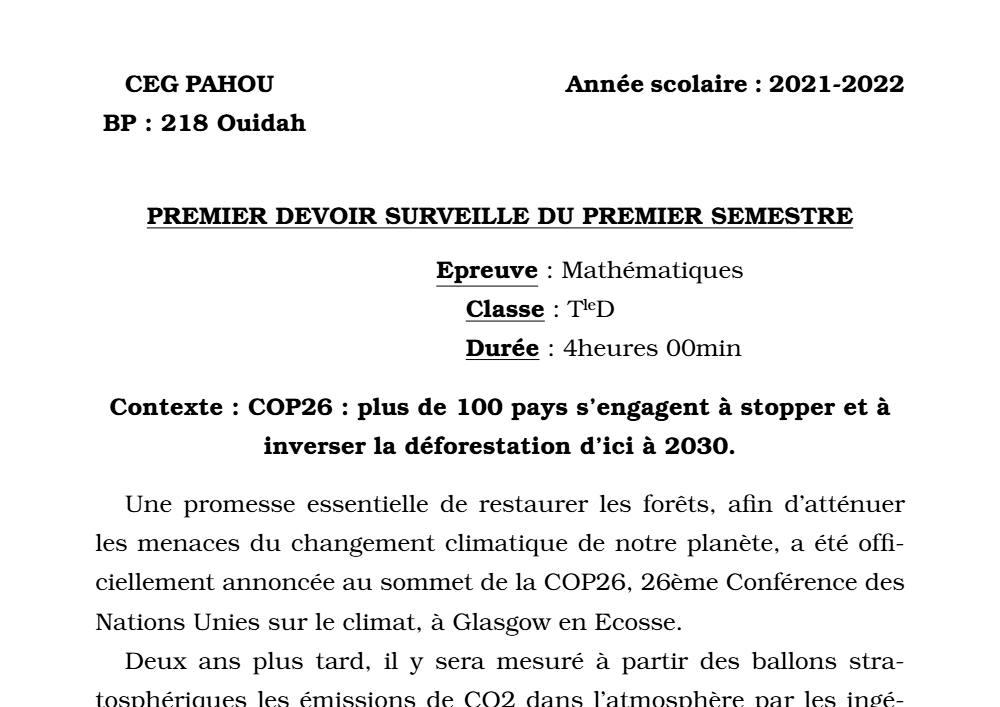 Aperçu de la première page — Mathématiques Tle D Devoir 1 Semestre 1 CEG Pahou (Ouidah) 2021 2022