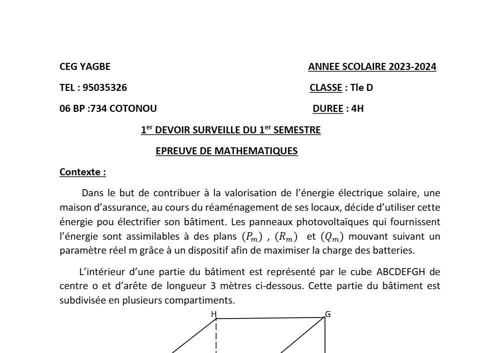 Aperçu de la première page — Mathématiques Tle D Devoir 1 Semestre 1 CEG Yagbé (Cotonou) 2023 2024
