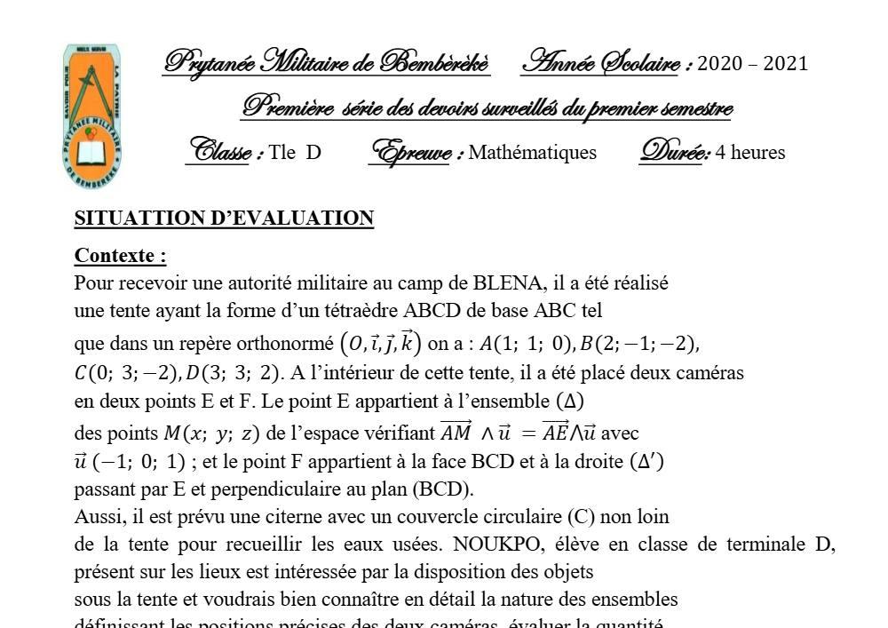 Aperçu de la première page — Mathématiques Tle D Devoir 1 Semestre 1 Prytanée Militaire (Bembèrèkè) 2020 2021